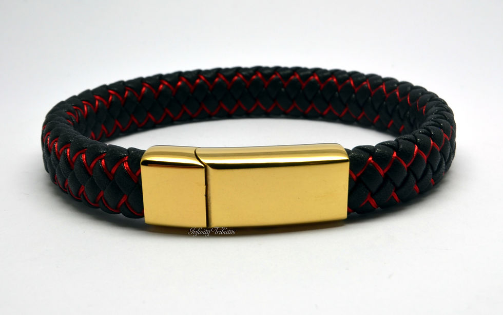 Thumbnail: 24k Gold Plated and Red Braided Black Leather Cremation Urn Ashes Bracelet
