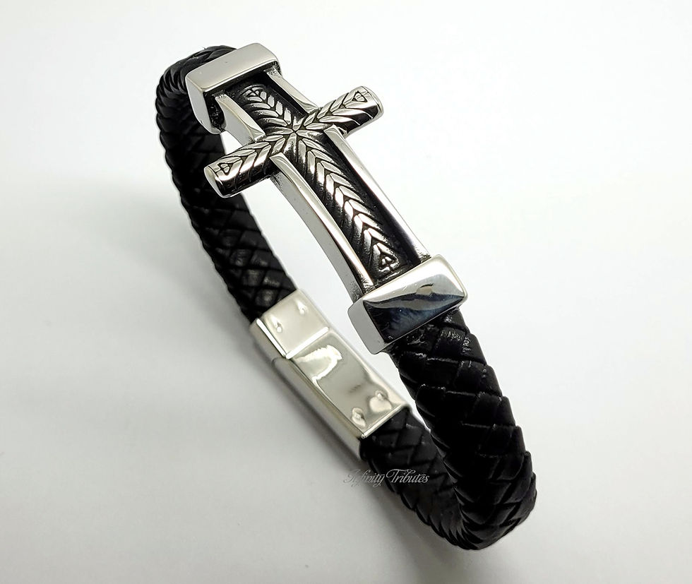 Thumbnail: Cross Braided Black Leather Cremation Urn Ashes Bracelet Crucifix