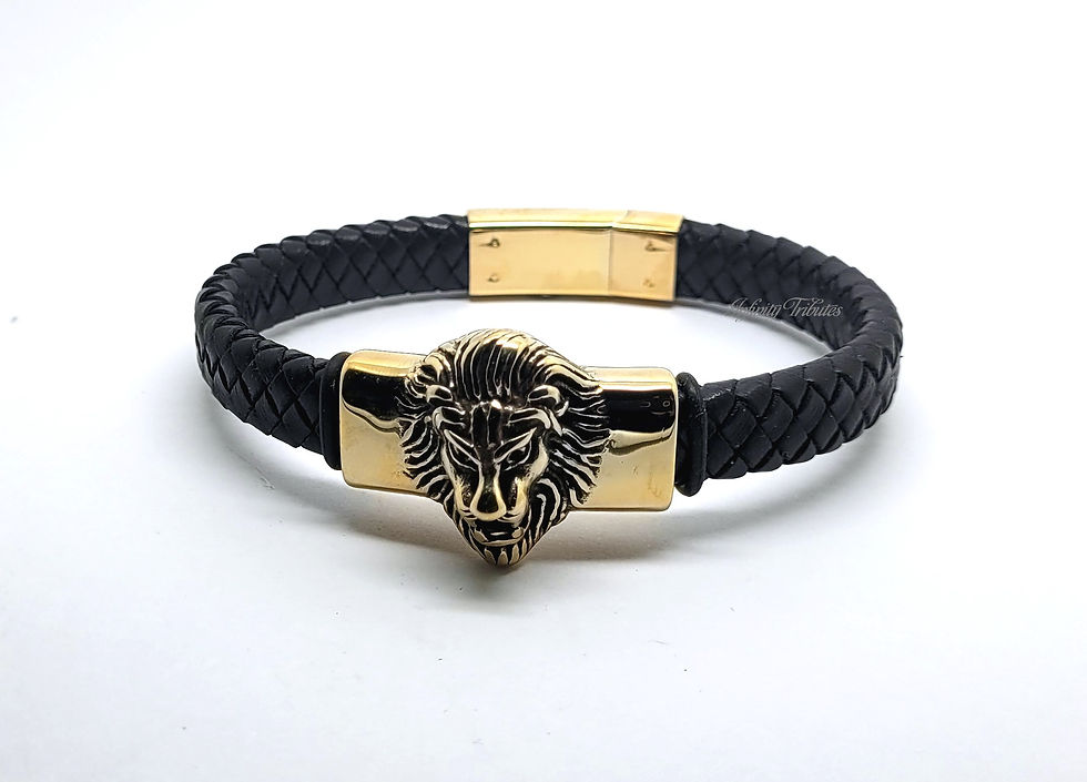 Thumbnail: Lion 24k Gold Plated Braided Leather Cremation Urn Ashes Bracelet