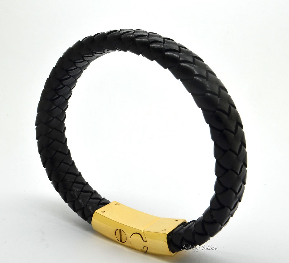 Thumbnail: 24k Gold Plated Braided Black Leather Cremation Urn Ashes Bracelet
