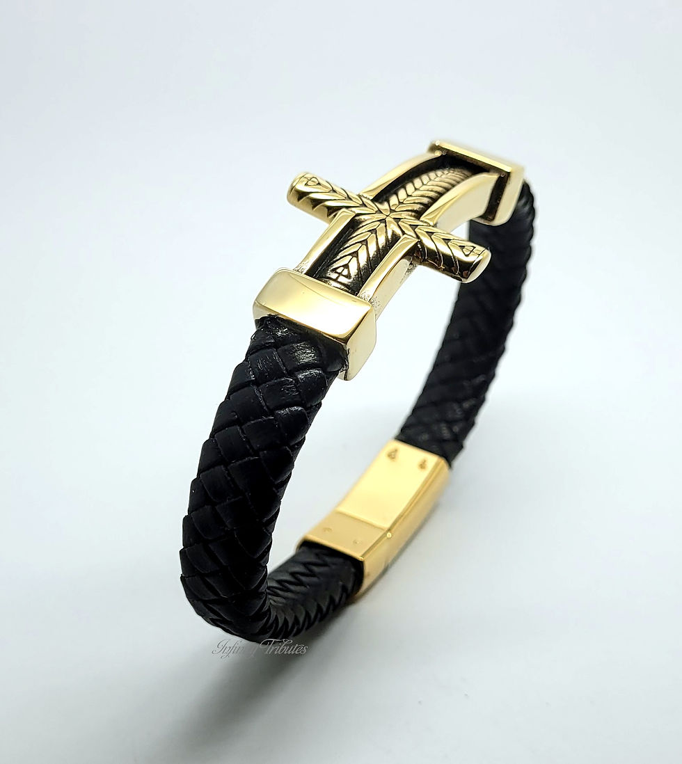 Thumbnail: Cross 24k Gold Plated Braided Leather Cremation Urn Ashes Bracelet