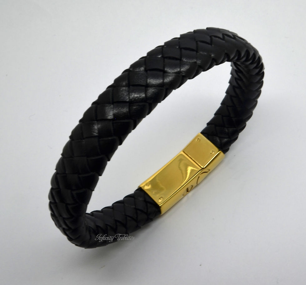 Thumbnail: 24k Gold Plated Braided Black Leather Cremation Urn Ashes Bracelet