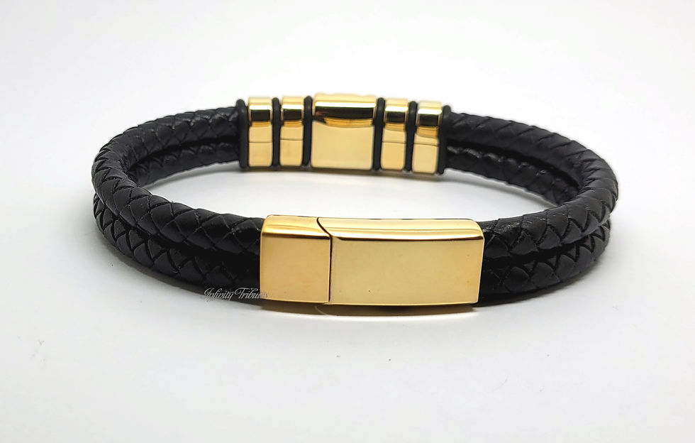 Thumbnail: 24k Gold Plated Braided Black Leather Cremation Urn Ashes Bracelet 5 Ring