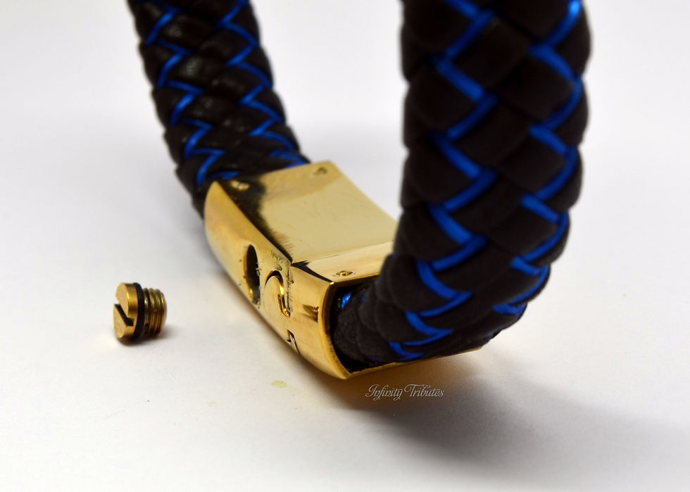 Thumbnail: 24k Gold Plated Braided Black and Blue Leather Cremation Urn Ashes Bracelet