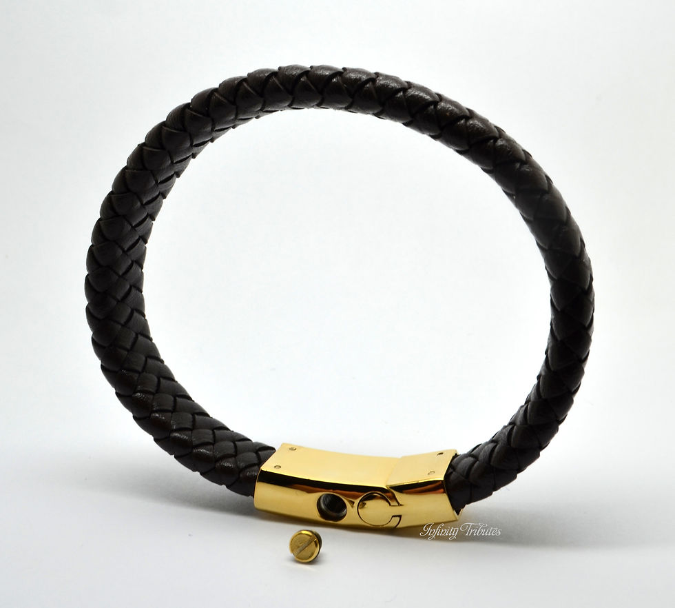 Thumbnail: 24k Gold Plated Braided Brown Leather Cremation Urn Ashes Bracelet