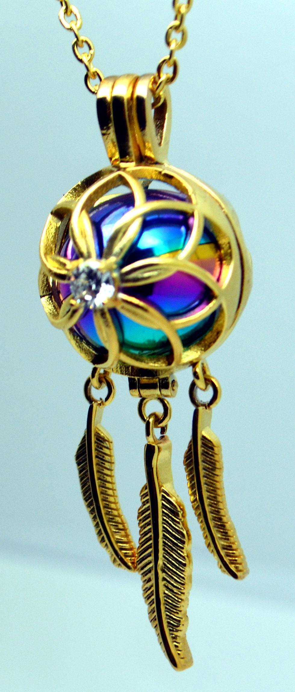 Thumbnail: 24k Gold Plated Rainbow Dreamcatcher Cremation Urn Keepsake Necklace