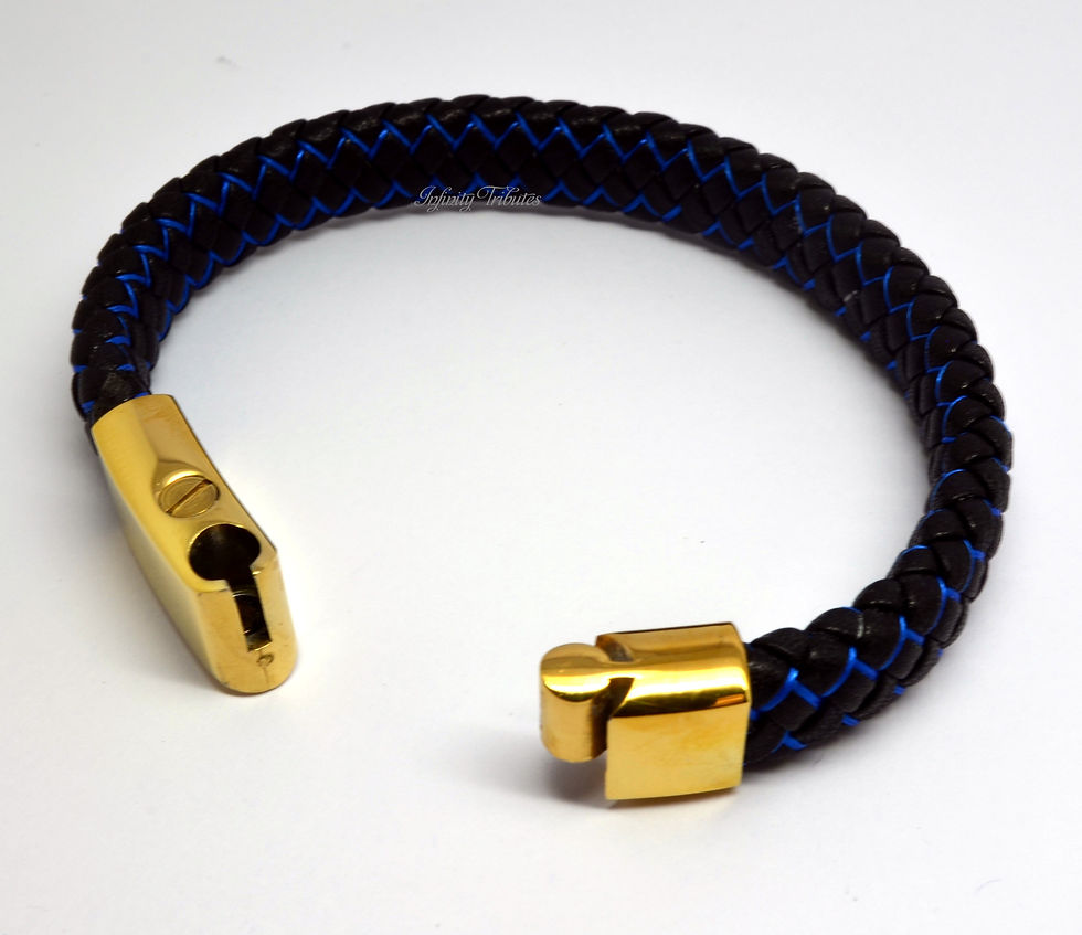 Thumbnail: 24k Gold Plated Braided Black and Blue Leather Cremation Urn Ashes Bracelet