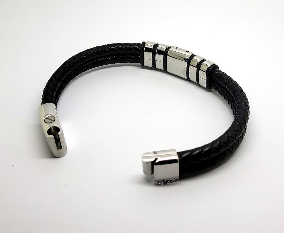 Thumbnail: Braided Black Leather Cremation Urn Ashes Bracelet 5 Ring