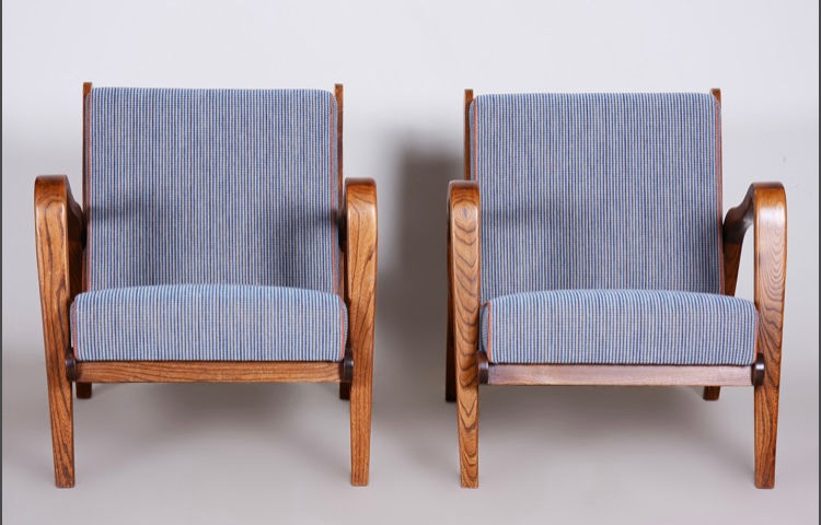 Thumbnail: Pair of mid century ashwood armchairs with upholstery by Jan Vanek, Czechia 1940