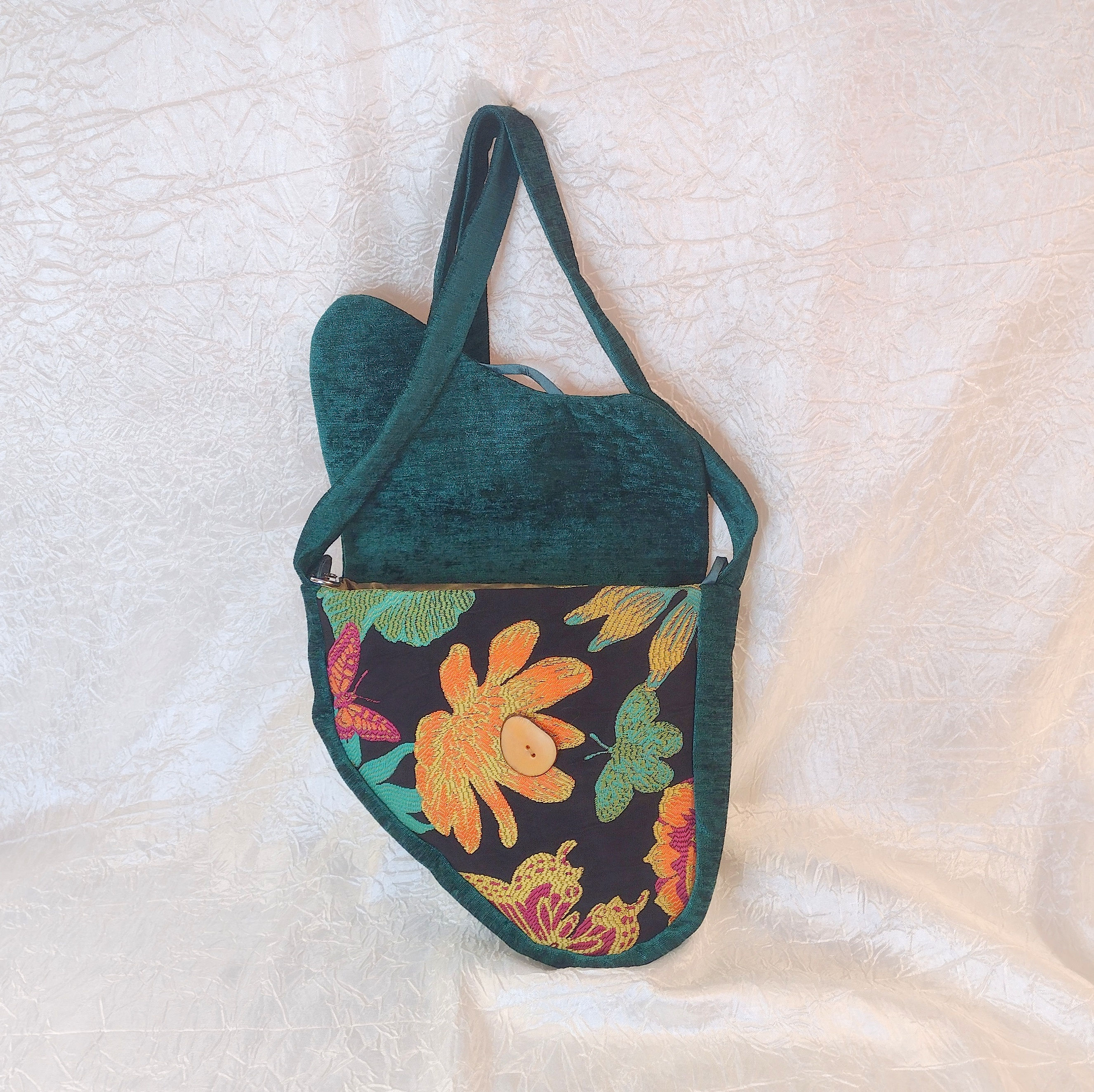 Saddlebag in Teal Chenille with Butterfly Floral Tapestry