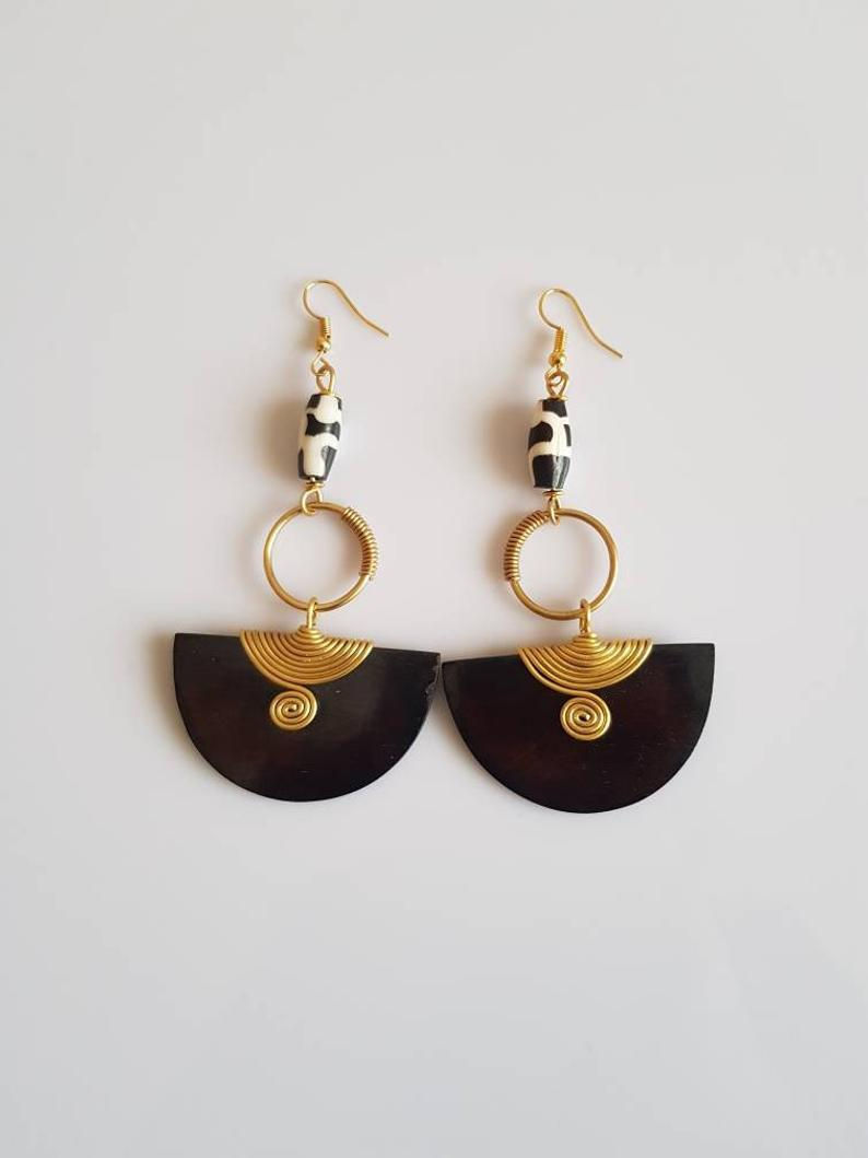 Thumbnail: African Artisan Solid Brass, Bone, Horn and Wood Earrings