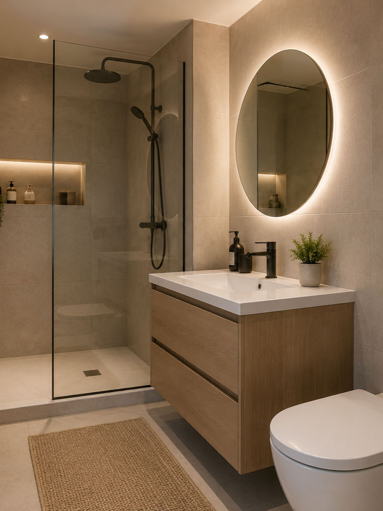 Modern beige bathroom with glass shower, wood vanity, glowing oval mirror, white toilet, and woven rug in a calm, tidy space