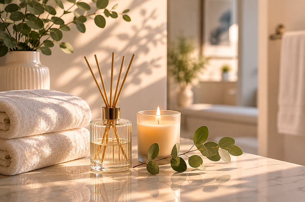 Spa bathroom still life with rolled white towels, lit candle, reed diffuser, and green eucalyptus on a marble counter.