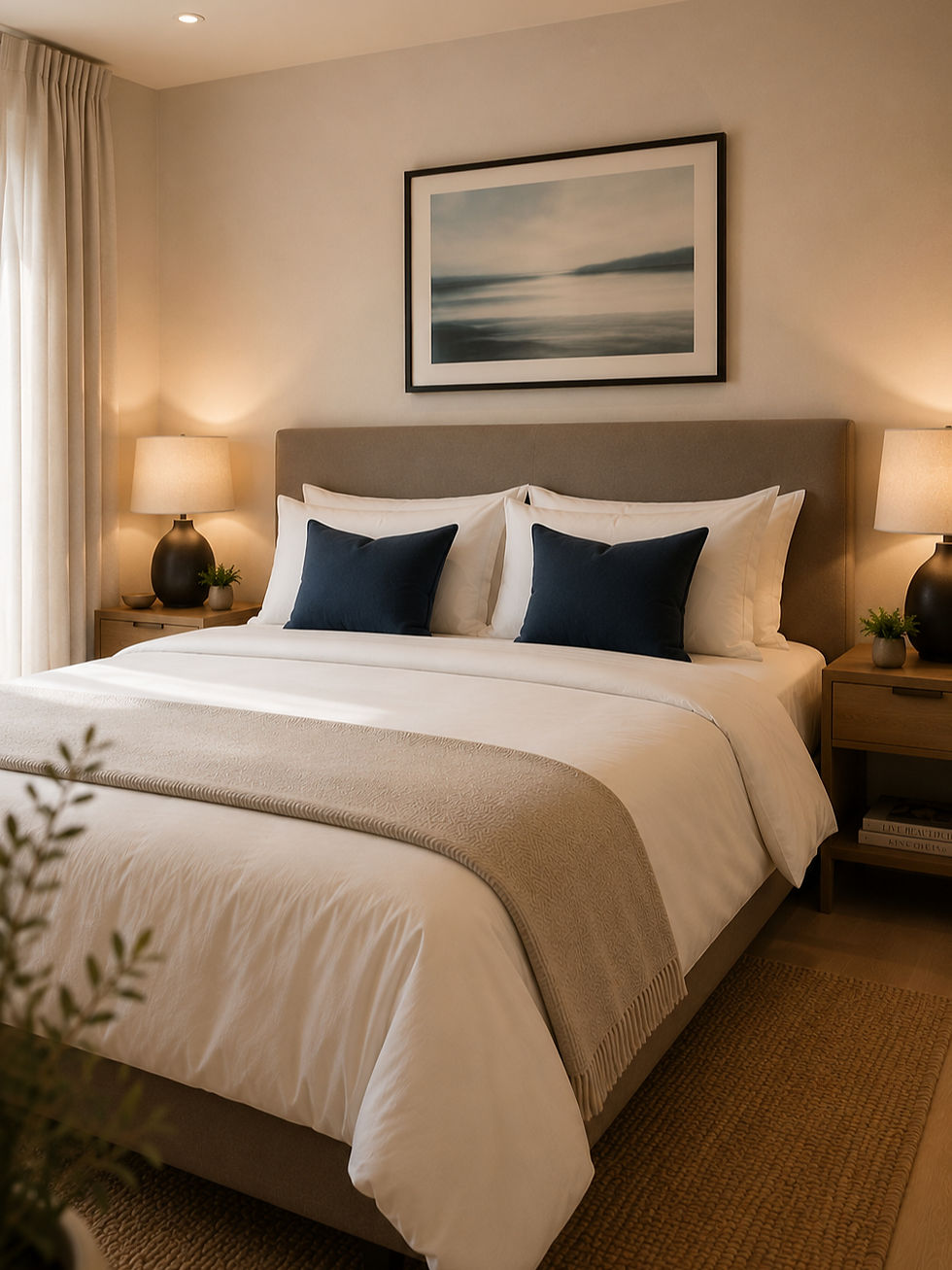 Cozy modern bedroom with a neatly made bed, navy pillows, bedside lamps, and framed seascape art above the headboard.