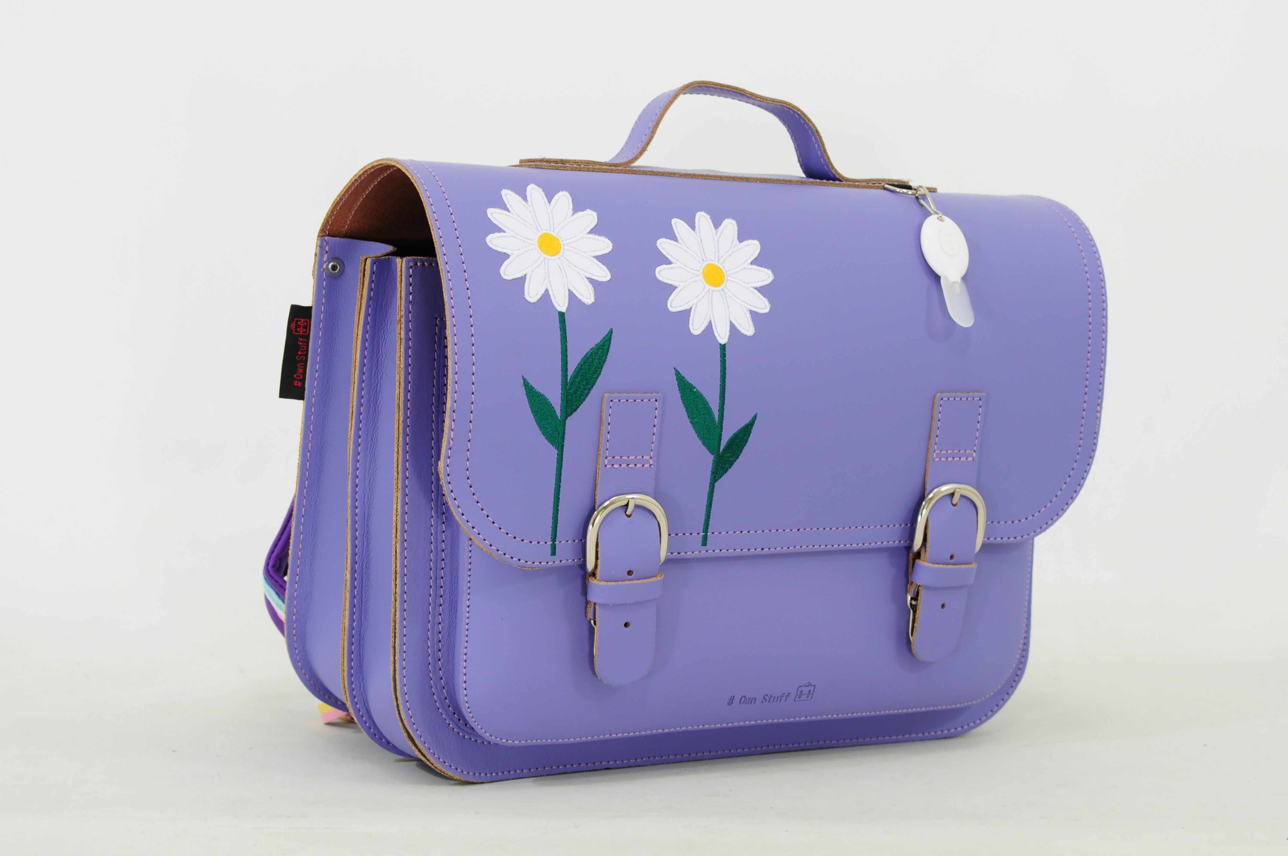 OWN STUFF- Lederen boekentas- Lila met  Bloemen