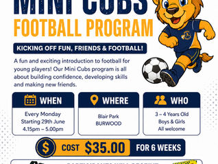 Burwood FC Mini Cubs Program starting 29 June for 6 weeks for 3-4 year olds