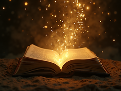 mystical ethereal golden light flowing from ancient book in starry void.png
