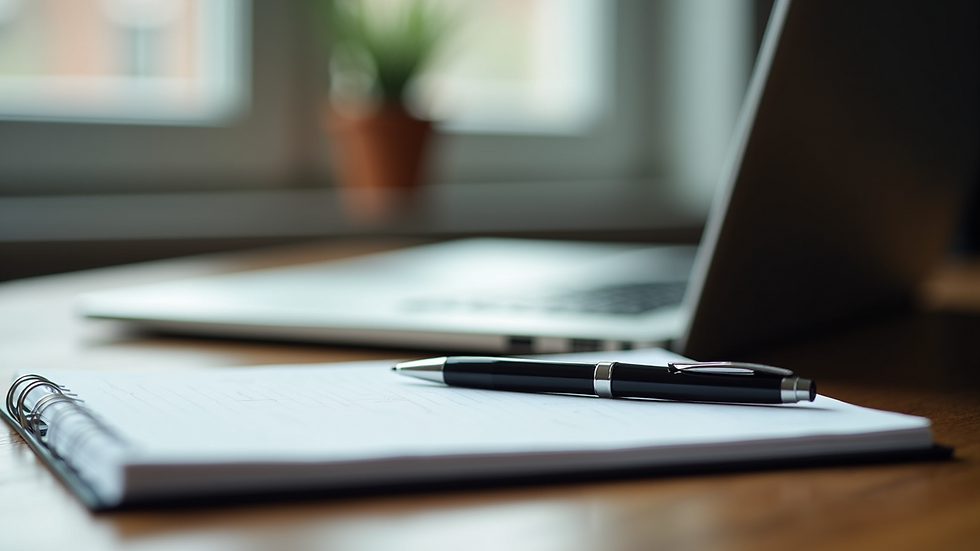 Close-up view of an open laptop on a desk with a notebook and pen
