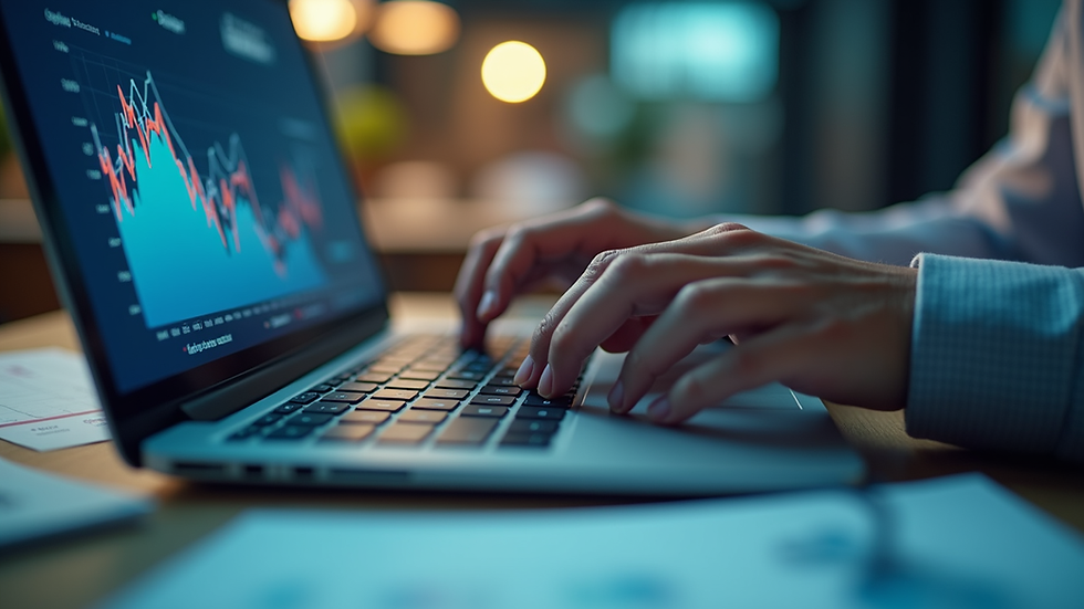 Eye-level view of a digital marketing consultant analyzing data on a laptop