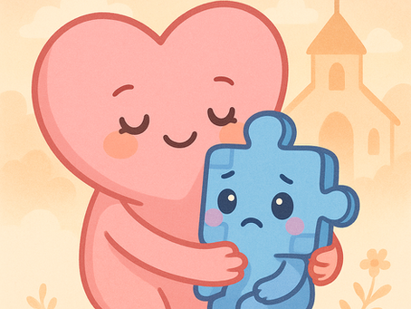 Kawaii-style illustration of JoJo, a blue puzzle piece character, gently comforting a smaller, beige crying character in front of a pastel-colored church, symbolizing emotional support for children with autism and anxiety.