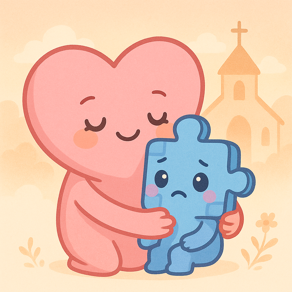 Kawaii-style illustration of JoJo, a blue puzzle piece character, gently comforting a smaller, beige crying character in front of a pastel-colored church, symbolizing emotional support for children with autism and anxiety.