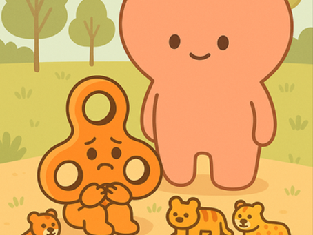 Orange fidget spinner character sitting inside a circle of fierce toy animals, symbolizing a child’s attempt to create safety. A heart-shaped character (Mama Love) watches nearby, worried.