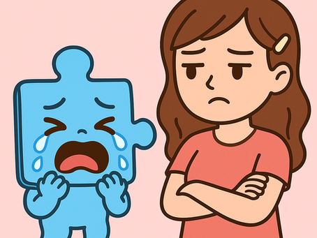 Blue puzzle character sobbing and overwhelmed beside a tall teen girl with long brown hair and crossed arms, visually showing sibling-induced sensory stress.