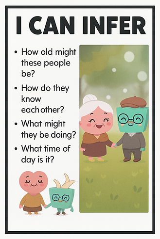 "Cartoon-style image of two older characters—Grandma Puzzle with white hair in a bun, and Grandpa Puzzle wearing glasses and a brown hat—holding hands while walking in a peaceful, grassy park. The soft lighting suggests early morning or late afternoon. In the corner, there’s a chibi-style image of them holding hands as younger characters. Text prompts ask about their age, relationship, what they're doing, and what time of day it might be."