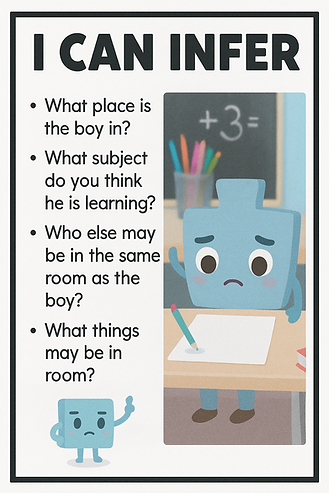 "Cartoon image of JoJo, a blue puzzle piece character, sitting at a school desk with a pencil and paper, looking unsure or confused. Behind him is a chalkboard showing '3 + =' and a cup with colorful pencils. Text prompts ask children to infer the setting, subject, who else might be in the room, and what objects might be there."