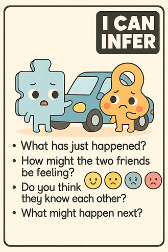 "Cartoon-style illustration of two cute characters, JoJo (a blue puzzle piece) and KeyKey (a yellow keyhole shape), standing in front of a car. JoJo looks surprised, and KeyKey looks sad. Below are the words 'I Can Infer' and four questions prompting children to infer what happened, how the characters feel, whether they know each other, and what might happen next."