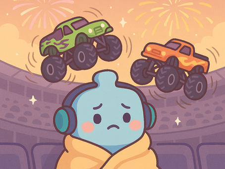 A kawaii-style illustration of Jordan, a light blue puzzle piece character, wrapped in a yellow blanket and wearing headphones while sitting in a stadium at a Monster Jam event, with fireworks and monster trucks jumping in the background.