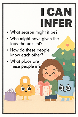 "Festive cartoon illustration showing JoJo (a blue puzzle piece), KeyKey (a yellow keyhole-shaped character), and a smiling woman standing by a decorated Christmas tree. The woman is holding a present, and there are shopping bags nearby. Text prompts children to infer the season, the gift-giver, their relationship, and the setting."