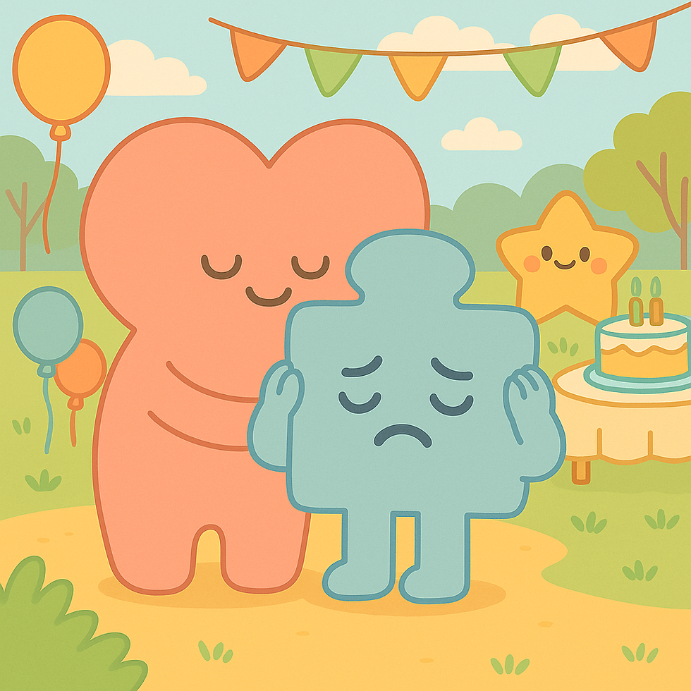 Illustration of Mama Love, a pink heart-shaped character, gently comforting a young boy who is covering his ears during a birthday party. In the background, children are clapping, and a cake sits on a table, suggesting a sensory trigger from the birthday song.