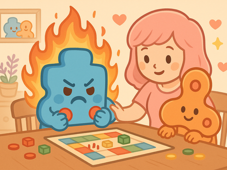 Illustration of JoJo, a blue puzzle piece, with flames symbolizing intense emotions while playing a board game with Mama Love and JayJay, who sit calmly nearby offering support.