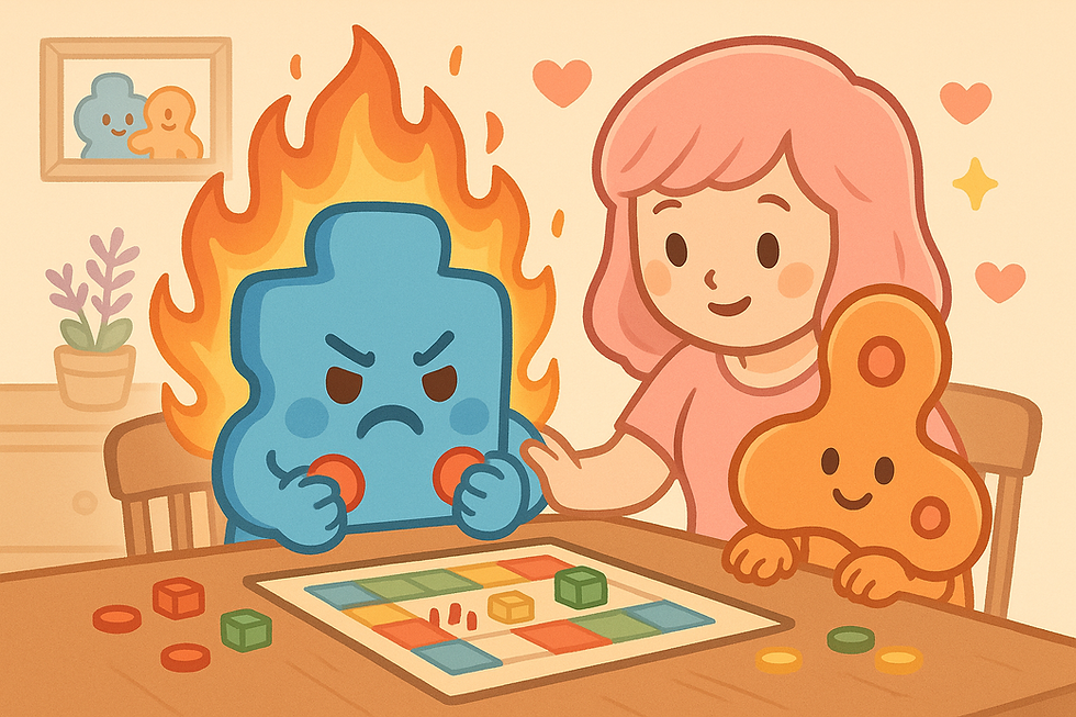 Illustration of JoJo, a blue puzzle piece, with flames symbolizing intense emotions while playing a board game with Mama Love and JayJay, who sit calmly nearby offering support.