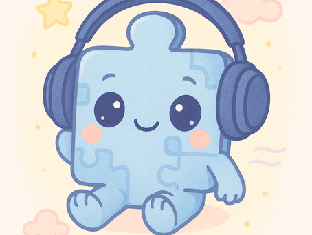A kawaii-style blue puzzle piece character named JoJo wearing noise-canceling headphones, symbolizing autism awareness and sensory support, surrounded by pastel stars and clouds in a calming background.