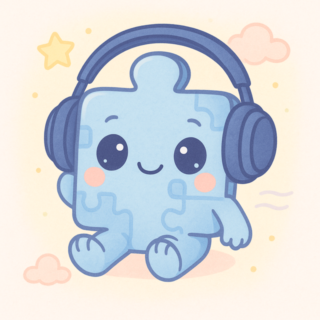A kawaii-style blue puzzle piece character named JoJo wearing noise-canceling headphones, symbolizing autism awareness and sensory support, surrounded by pastel stars and clouds in a calming background.