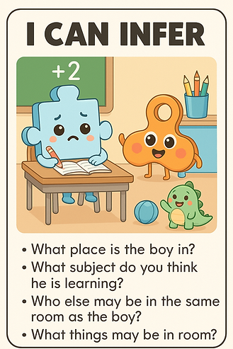 "Cartoon-style image of JoJo (a blue puzzle piece) sitting at a school desk looking unsure while working in a notebook. Behind him, KeyKey (an orange keyhole-shaped character) is smiling and waving. Zilla, a small green dinosaur toy, sits nearby with a blue ball and school supplies on a shelf. The chalkboard behind JoJo shows '+2'. Text prompts ask children to infer the setting, subject, who is in the room, and what objects might be present."