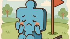 "JoJo, the blue puzzle character, overwhelmed on the golf course — feeling isolated and emotional during practice."
