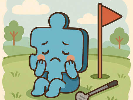 "JoJo, the blue puzzle character, overwhelmed on the golf course — feeling isolated and emotional during practice."