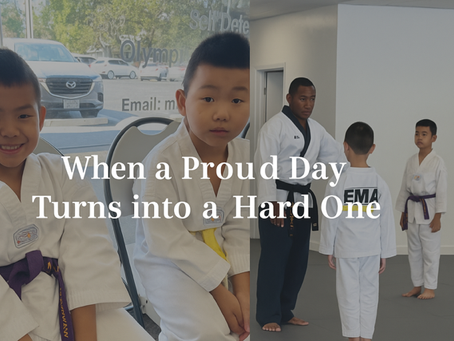Illustrated scene of a young boy in a white taekwondo uniform standing on a martial arts mat, looking overwhelmed with tears in his eyes, while his mother kneels beside him offering comfort. The background shows a blurred taekwondo class setting, symbolizing a challenging moment during a belt test for a child with autism.