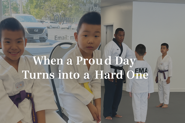 Illustrated scene of a young boy in a white taekwondo uniform standing on a martial arts mat, looking overwhelmed with tears in his eyes, while his mother kneels beside him offering comfort. The background shows a blurred taekwondo class setting, symbolizing a challenging moment during a belt test for a child with autism.