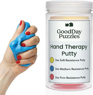 Three jars of colorful therapy putty in varying resistance levels, shown with hands stretching and squeezing for sensory and fine motor support.