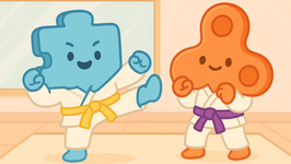 Illustration of JoJo, a blue puzzle piece, performing a taekwondo kick with a yellow belt, while JayJay, an orange fidget spinner, stands nearby with a purple belt in a dojo setting.