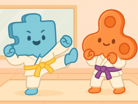 Illustration of JoJo, a blue puzzle piece, performing a taekwondo kick with a yellow belt, while JayJay, an orange fidget spinner, stands nearby with a purple belt in a dojo setting.