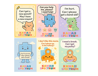 "A collection of 7 colorful communication cards featuring cute characters from Kawaii Spectrum. Each card displays a helpful phrase, such as 'Can I get a new pencil?', 'Can you help me, please?', 'I'm hurt. Can I get a band-aid?', 'I feel frustrated. May I take a break?', 'I don’t like this movie. Can I go in the hallway?', and 'Can I get my putty?'. Characters include a cat, JoJo the puzzle piece, KeyKey, Zilla, and a fidget putty friend."
