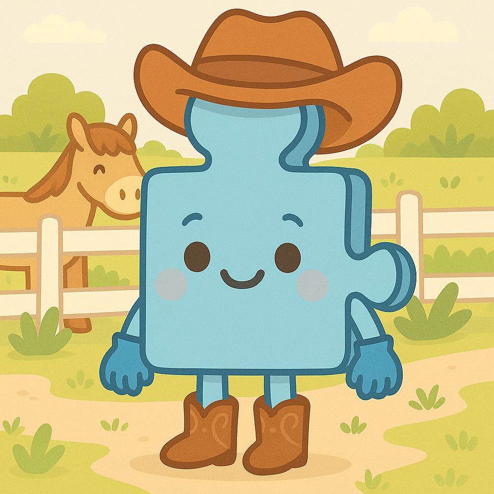 Illustration of a smiling boy in a cowboy hat, checkered shirt, boots, and gloves standing in front of a horse and white fence — representing an autism-friendly horse therapy moment.