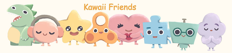A group of seven kawaii-style characters representing autism-related emotions and tools: JoJo the light blue puzzle piece, Jay Jay the orange fidget spinner, Calmy the swirling air, Mimi the noise-canceling headphones, Robo the silver robot, Zilla the green dinosaur, Star Pal the glowing yellow star, and Mama Love, a large pink heart, standing supportively at the center.