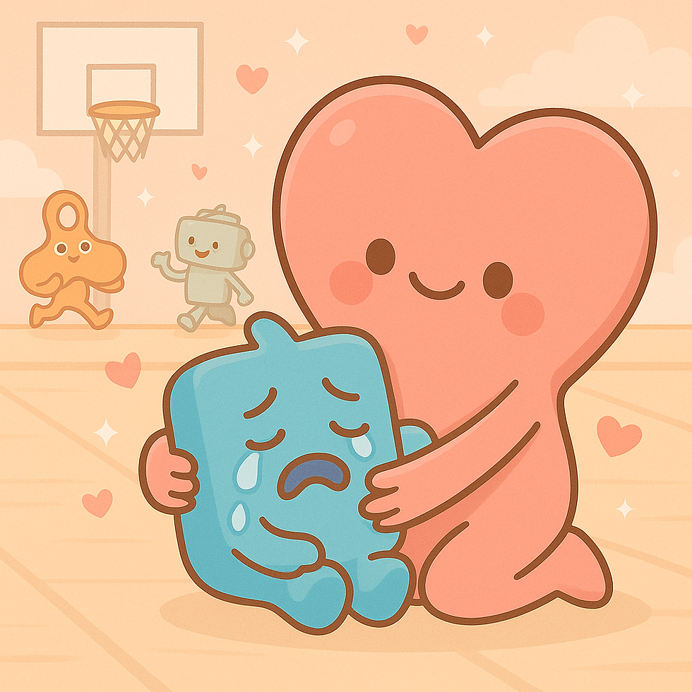 Illustration of a young boy in a basketball uniform sitting on the court in tears after a meltdown, while Mama Love, a pink heart-shaped character, kneels beside him with a comforting hand. Other children continue playing in the background.