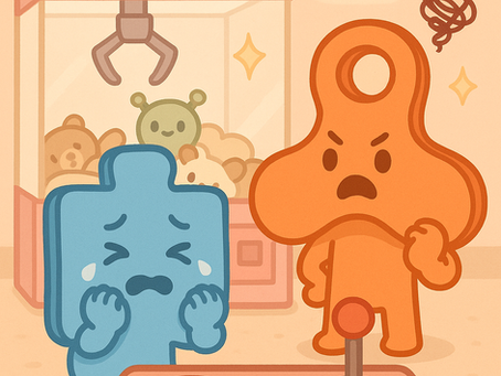 Illustration of JoJo, the blue puzzle piece, crying in front of a claw machine filled with plush toys. JayJay, the orange fidget spinner, stands beside him with a frustrated expression.